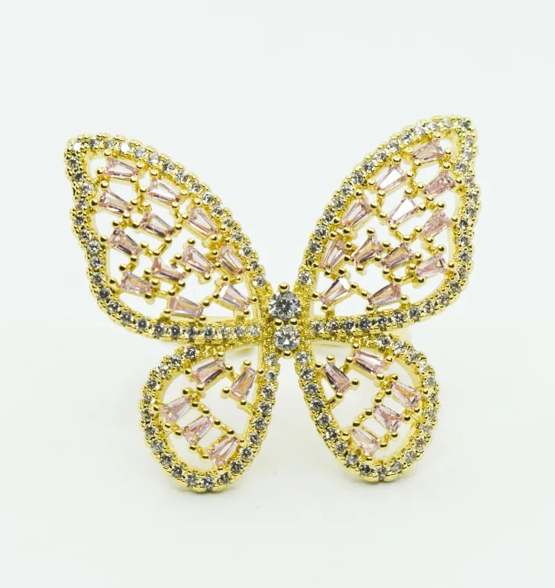 Anillo Dorado Mariposa Zircon Rosa - Electroshopy
